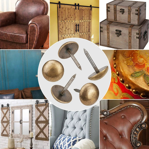 Knockout Vintage Brass Cap Tacks Rock Solid For Upholstery And Wood Furniture No Sweat Installation Heavy Duty Bronze Thumb Pins For Rustic Home Makeovers 10 Pack, displayed with furniture details.