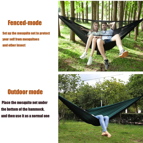 Two images showing Durable Camping Hammock With Mosquito Net And Rain Fly For Outdoor Hiking And Backpacking setup options in nature
