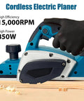 Heavy Duty Cordless Electric Hand Planer, 850W Brushless Wood Plane With Edge Corner Guide, 15000 RPM Straight Shooter Cuts, Adjustable Depth, Rock Solid Workhorse For Daily Woodshop Grind, No Battery, close-up view with ergonomic grip.