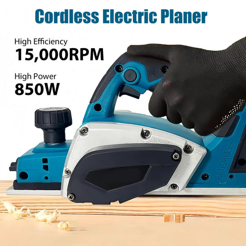 Heavy Duty Cordless Electric Hand Planer, 850W Brushless Wood Plane With Edge Corner Guide, 15000 RPM Straight Shooter Cuts, Adjustable Depth, Rock Solid Workhorse For Daily Woodshop Grind, No Battery, close-up view with ergonomic grip.