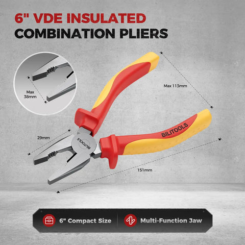 1000V Insulated Lineman Pliers, 6 Inch, VDE Certified Combination Pliers For Electrical Wiring, Cr-V Steel With Non-Slip Grips, Heavy Duty Pliers For Electricians, Safe, Reliable, All-Purpose Workhorse with 6-inch size and multi-function jaws