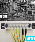 Before and after showcasing Badass 150A Negative Bus Bar Power Distribution Block For 12V Marine And Automotive Grounding Kits with M6 studs.