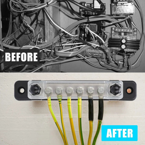 Before and after showcasing Badass 150A Negative Bus Bar Power Distribution Block For 12V Marine And Automotive Grounding Kits with M6 studs.