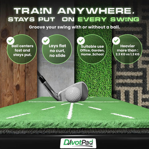Patented Golf Training Mat With Real Give For Indoor And Outdoor Practice, 12 mm tufted turf golf mat with club on surface.