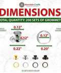 Dimensions and colors of All-In-One One-Eighth Inch Metal Grommets And Eyelets Kit, 200 sets for fabric leather tarps clothing boots.