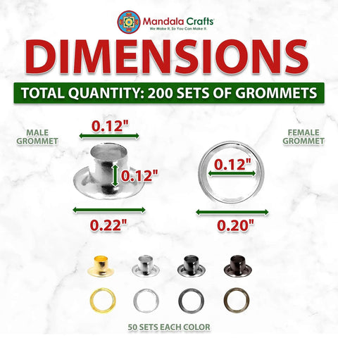 Dimensions and colors of All-In-One One-Eighth Inch Metal Grommets And Eyelets Kit, 200 sets for fabric leather tarps clothing boots.
