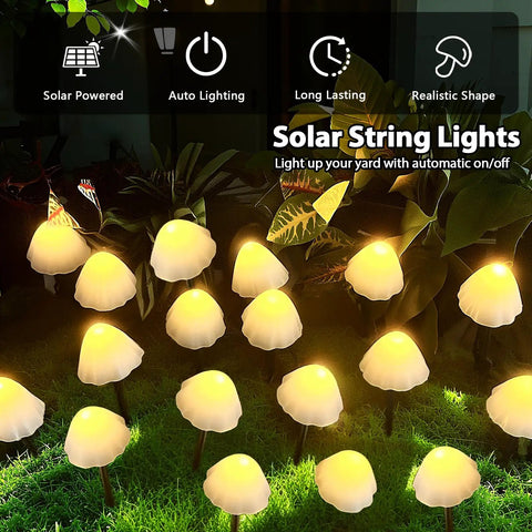 Two Pack 32 LED Mushroom Solar String Lights, 55 Ft Outdoor Waterproof Garden Decoration With 8 Lighting Modes glowing at night
