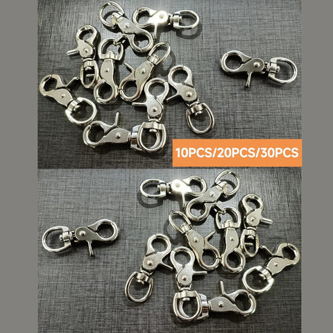 Thirty Piece Kickass Heavy Duty Trigger Snap Hooks With Swivel Action Zinc Alloy Build, showing multiple hooks for lanyards and pet cages.