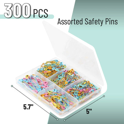 Snazzy Assorted Safety Pins 300 Piece Pack With Five Durable Rust Resistant Sizes In Bright Colors Perfect For Crafting Sewing And Quick Repairs Around The House