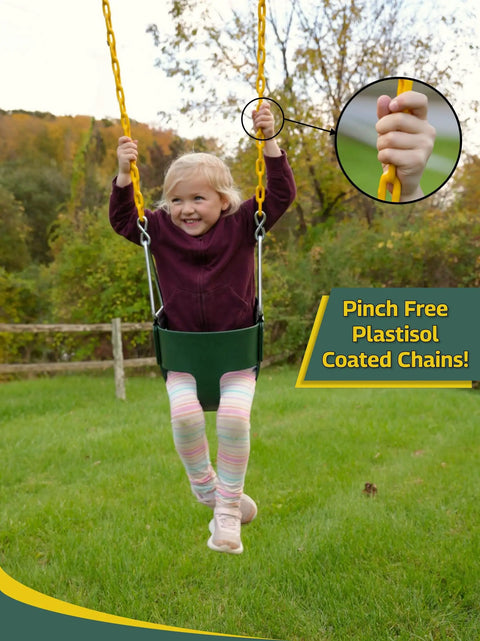 Child swinging on a Heavy Duty High Back Toddler Swing Seat With Coated Chains Built To Last Fully Assembled Enclosed Buckets in backyard