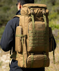Back view of person wearing Beefy 70 Liter And 100 Liter Hiking Backpack For Men, Military Style Rucksack with MOLLE in outdoor setting