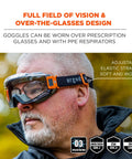 Modi OTG Safety Goggles Built For Over Glasses Use All Day Comfort With Indirect Venting Anti Fog Fog Off Plus Tech Scratch Resistant Lens on person outdoors with adjustable strap.
