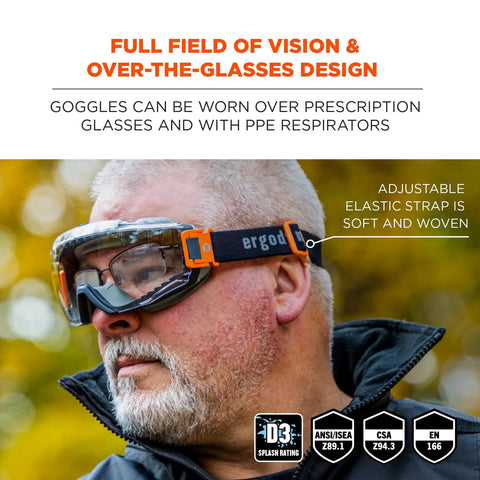 Modi OTG Safety Goggles Built For Over Glasses Use All Day Comfort With Indirect Venting Anti Fog Fog Off Plus Tech Scratch Resistant Lens on person outdoors with adjustable strap.