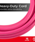 Heavy Duty 15 Foot Extension Cord With Three Outlets, Grounded And Double Insulated 16 Gauge, Hot Pink close-up view