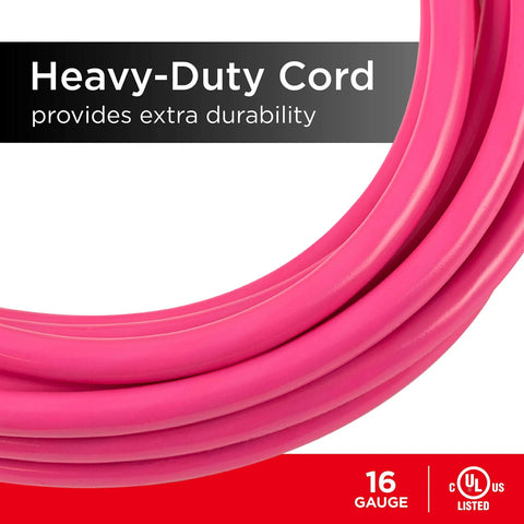Heavy Duty 15 Foot Extension Cord With Three Outlets, Grounded And Double Insulated 16 Gauge, Hot Pink close-up view