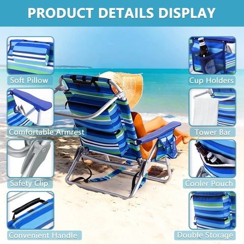 Rock Solid Backpack Beach Chair For Adults Folding Heavy Duty Camping Chair with storage, cup holder, and cool stripes on beach.