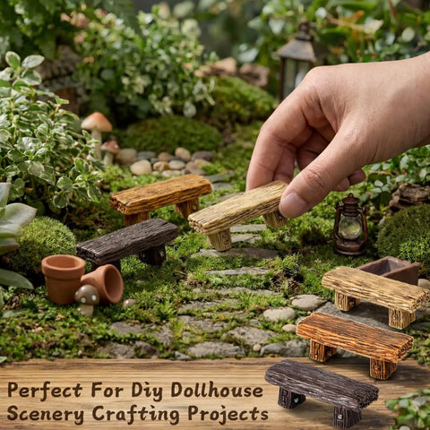 Hand placing bench from 18 Pc Dope Mini Resin Bench Set For Fairy Garden Dollhouse Accessories Park Decor And Mini Landscape Scenes