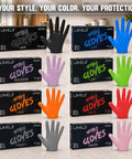 Top Shelf Heavy Duty Nitrile Barber Gloves Latex Free Box Of One Hundred in various colors with gloves displayed.
