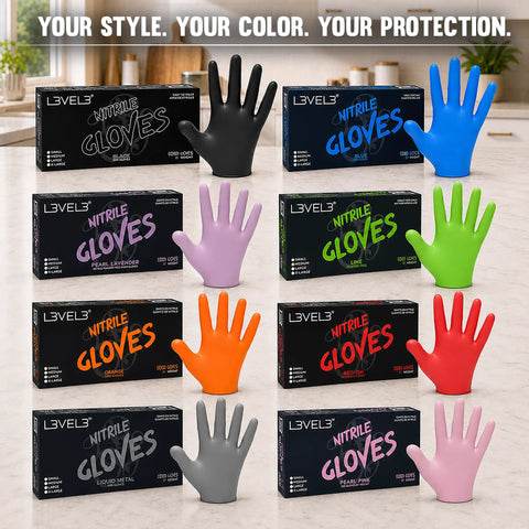 Top Shelf Heavy Duty Nitrile Barber Gloves Latex Free Box Of One Hundred in various colors with gloves displayed.
