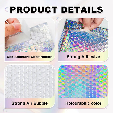 Metallic Holographic Bubble Mailers Set Of Fifty In Three Size Options With Waterproof Self Seal Adhesive Foil Glitter Shipping Bags Product Details