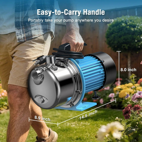 Person carrying 2HP Portable Shallow Well Pump For Home Use 1800 GPH Water Transfer Pump 110V Stainless Steel Garden Booster