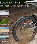 X2Pro Electric Dirt Bike for Adults with 6000W Peak Motor showing rear wheel with 19"x2.0 fat tire for all terrains.