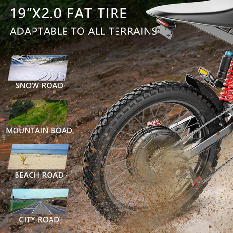 X2Pro Electric Dirt Bike for Adults with 6000W Peak Motor showing rear wheel with 19"x2.0 fat tire for all terrains.