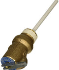 Rheem SP12574 temperature and pressure relief valve; small brass body with white stem, angled side view