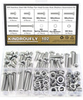 102-piece Stainless Steel M6 Pan Head Machine Screw Kit with nuts and washers, includes assorted Phillips screws in storage box.