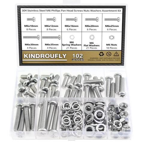 102-piece Stainless Steel M6 Pan Head Machine Screw Kit with nuts and washers, includes assorted Phillips screws in storage box.