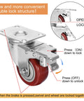 3 Inch Heavy Duty Caster with lockable bearing, brake mechanism detailed view, showcasing red non-marking polyurethane wheel, 1500 lbs capacity.