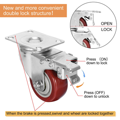 3 Inch Heavy Duty Caster with lockable bearing, brake mechanism detailed view, showcasing red non-marking polyurethane wheel, 1500 lbs capacity.