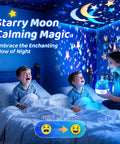 Mother uses Dinosaur Story Projector And Bluetooth 5.0 Speaker For Kids Room, 15 Film Reels to project stars, comforting two boys at bedtime.