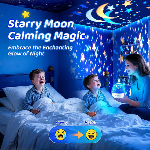 Mother uses Dinosaur Story Projector And Bluetooth 5.0 Speaker For Kids Room, 15 Film Reels to project stars, comforting two boys at bedtime.