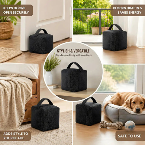 Heavy Duty Weighted Door Stopper With 4.4 Lb Internal Weight in living room with dog bed and door, showcases versatility and stability.
