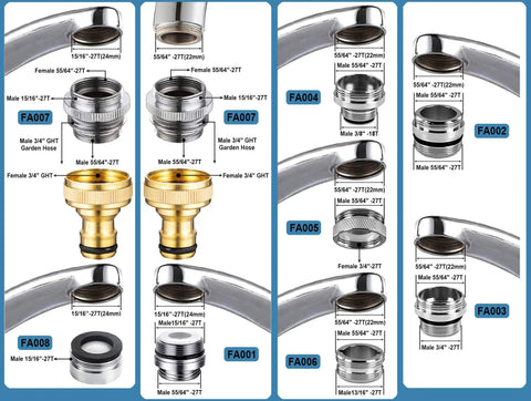 Brass Faucet Adapter Kit With Male And Female Adapters For Kitchen Sink To Garden Hose Water Filter Dishwasher And Standard Hose Diverter, Easy Hookup With Thread Seal Tape, Plug And Play So You Never Worry About Leaks; assorted brass and metal adapters shown