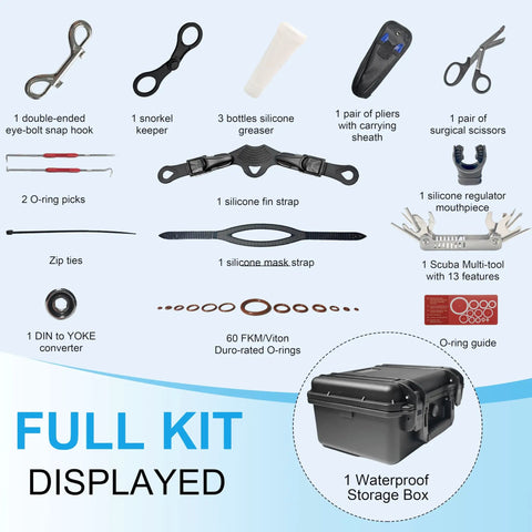 Save A Dive Scuba Maintenance Kit With 60 O Rings, Multi Tool, Spare Parts And Waterproof Case For No Hassle Gear Fixes, Nitrox Compatible, full kit displayed.