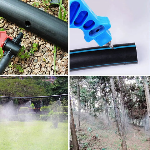 2-In-1 Drip Irrigation Hole Punch And Fitting Insertion Tool Kit for 1/4 fittings with blue handle in garden setup