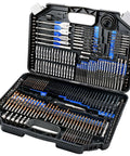COMOWARE 246-piece drill bit set in a black carry case with blue and silver bits for wood, metal, masonry, and screws