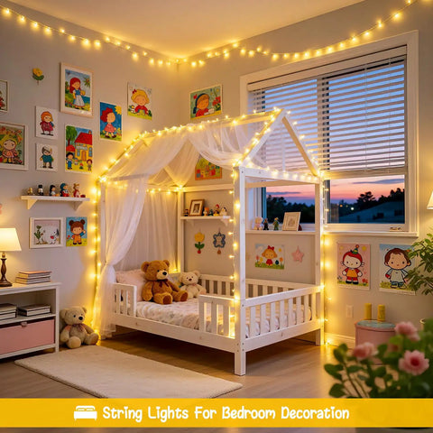 Two Pack Outdoor String Lights Battery Operated, 66 Ft Total, 200 LED Fairy Lights With Remote, in a cozy bedroom setup.