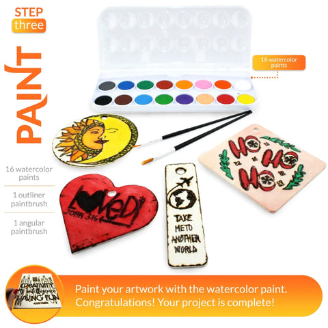 Beginner Friendly Wood Burning Kit With 140 Pieces For DIY Artists Includes 9 Large Wooden Plaques To Craft Unique Projects Step By Step Guide Easy To Learn Perfect Gift For Art And Craft Lovers with painted wooden plaques and watercolor paints.