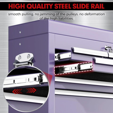 Close-up of drawer slide rail on Beefy 8-Drawer Rolling Tool Chest With Detachable Top Box And Locking Wheels, purple steel cabinet.