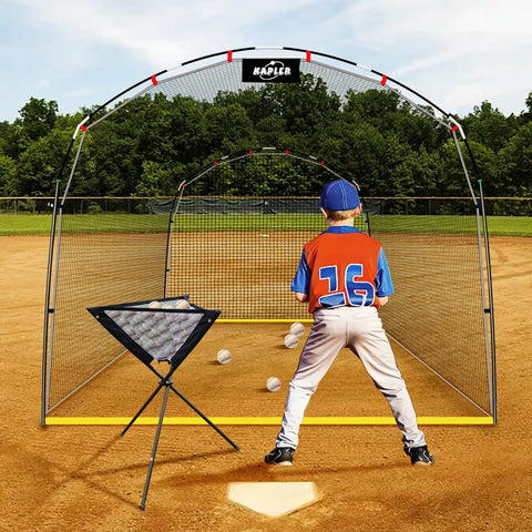 Backyard Baseball Batting Cage 13 Foot By 10 Foot By 8 Foot Heavy Duty Steel Frame With Durable Netting in use by boy for training