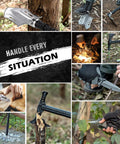 Collage of 28-In-1 Survival Shovel Set With Axe And Knife in use for camping, wood chopping, and fire starting in outdoor adventure scenes.