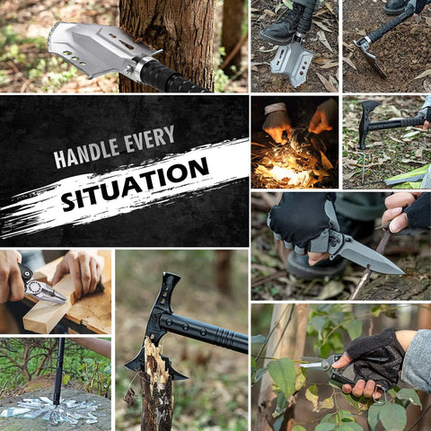 Collage of 28-In-1 Survival Shovel Set With Axe And Knife in use for camping, wood chopping, and fire starting in outdoor adventure scenes.