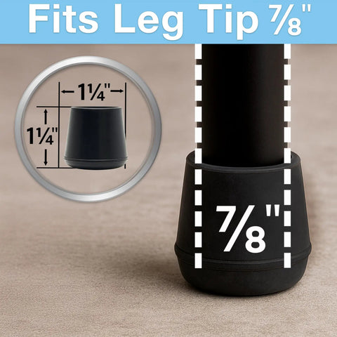 Heavy Duty 7/8 Inch Round Rubber Slip On Chair Leg Tips Zero Scratch Floor Savers For Hardwood And Tile Non Slip Furniture Caps That Grip Solid Without Shifting Set Of 4 Matte Black showing fit dimensions of 7/8 inch.
