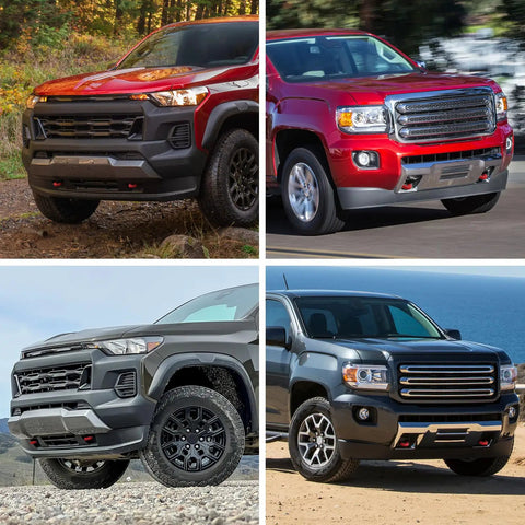 Four GMC and Chevy trucks with Red Front Bumper Hitch Covers, Custom Fit 2015-2026 Colorado, 2015-2022 Canyon, off-road setting