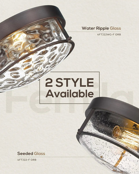 Oil Rubbed Bronze Farmhouse Flush Mount Ceiling Light With Seeded Glass Shade, 12-Inch Indoor Outdoor Fixture in two styles