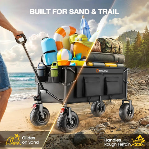 Beach Day Ready Cart With 9x3.5in Inflatable Wheels For Sand, 240L Collapsible Wagon in use on sand and trail with gear