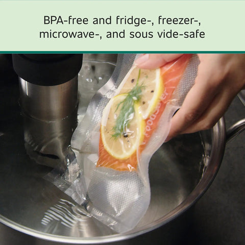 Using precut vacuum sealer bags for airtight food storage and sous vide cooking BPA free 1 quart 44 count shown with salmon